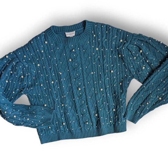 Something Navy Womens Sweater Pearl Embellishment Turquoise Small - Picture 6 of 12